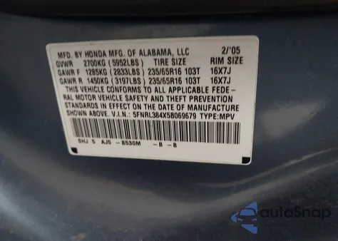 2005 Honda Odyssey Ex from USA, damaged, VIN 5FNRL384X5B069679